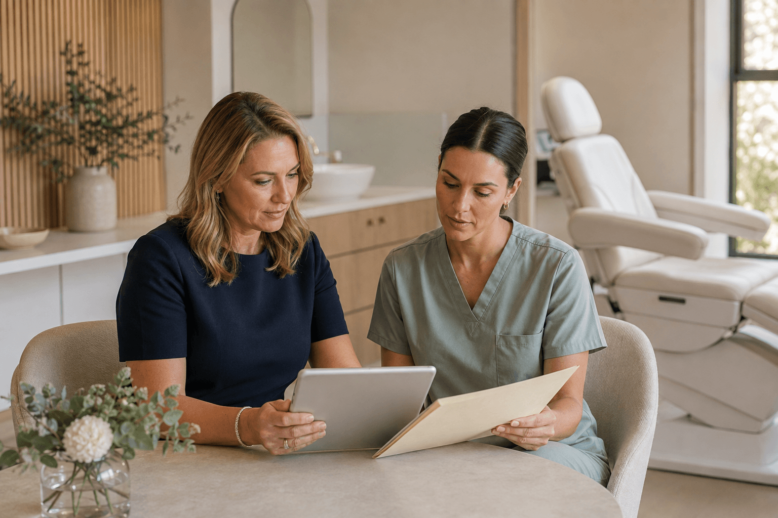 A practice owner and clinician reviewing plans in a medical aesthetics consultation room