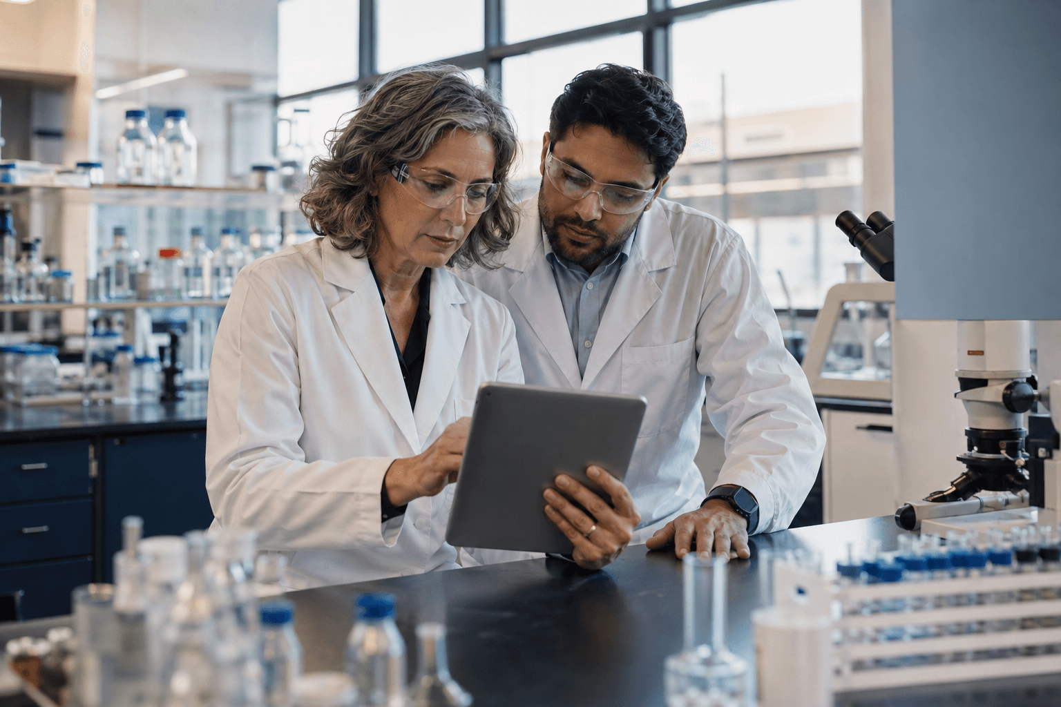 Two laboratory professionals reviewing information together beside a microscope