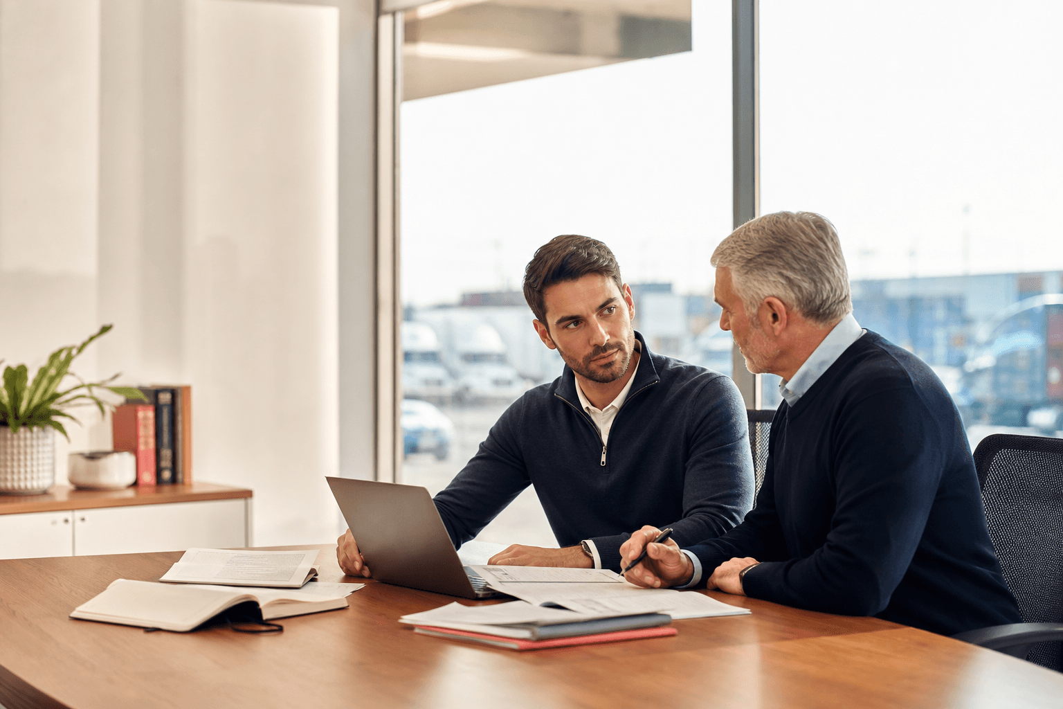 Two commercial insurance operators working through a growth plan at an office table