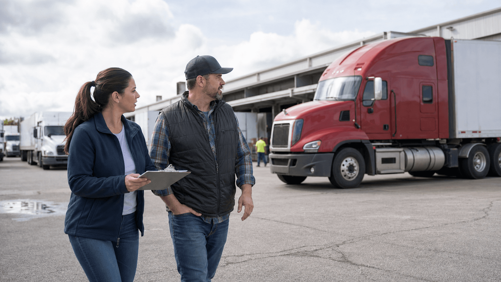An insurance professional reviewing a trucking operation with a fleet owner